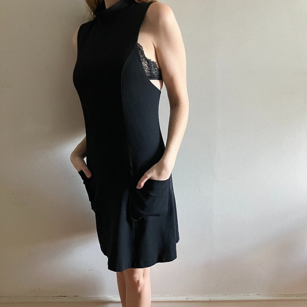Theory Black High Neck LBD Mini Mock Turtleneck Sideboob Wool Dress Sz 10